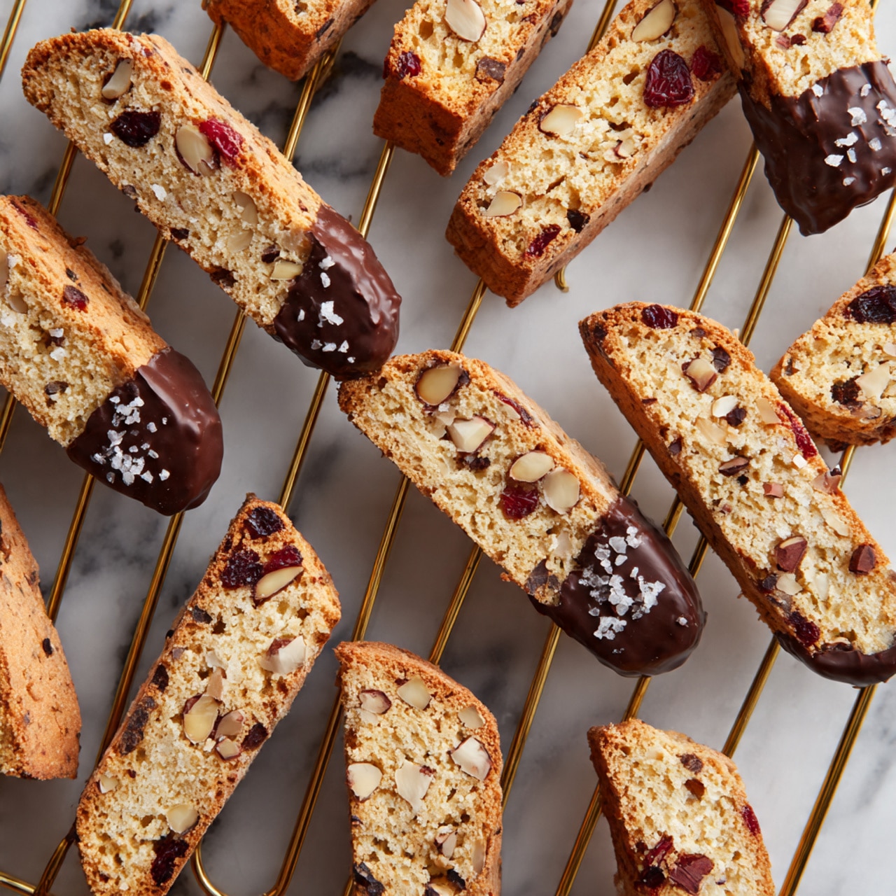 The image shows several pieces of biscotti arranged on a golden wire cooling rack set against a white marbled surface. Each biscotti piece is elongated and slightly curved with a golden brown, crumbly texture. The biscotti have visible chunks of almonds and dried cranberries embedded inside. Half of each biscotti piece is dipped in dark chocolate, which looks smooth and shiny, topped with small bits of crushed nuts for added texture. The overall look is warm and inviting, with the chestnut color of the biscotti contrasting with the glossy dark brown chocolate and sprinkled nuts. photo taken with an iphone --ar 4:5 --v 7