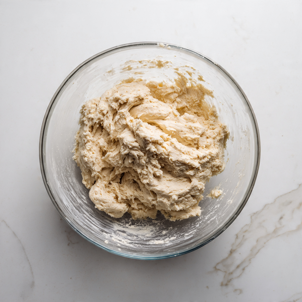 The image shows a clear plastic bowl filled with dough that is light beige in color and has a soft, sticky texture with some bubbles and uneven surface. The dough covers most of the inside of the bowl and appears to be freshly mixed. The bowl is placed on a white marbled surface, adding a clean and simple background to the scene. photo taken with an iphone --ar 4:5 --v 7