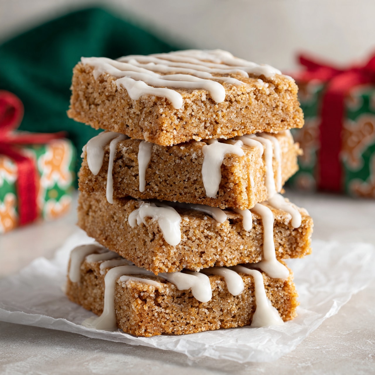 A tall stack of four light brown square bars with a crumbly texture sits on a piece of white parchment paper. Each bar is coated with thin, uneven white icing drizzled over the top and dripping slightly down the sides. The stack rests on a white marbled surface, with a blurred green cloth and holiday gift box with red ribbon and gingerbread man patterns in the background. The bars have a slightly rough, soft look, and the sunlight casts soft shadows around them. photo taken with an iphone --ar 4:5 --v 7