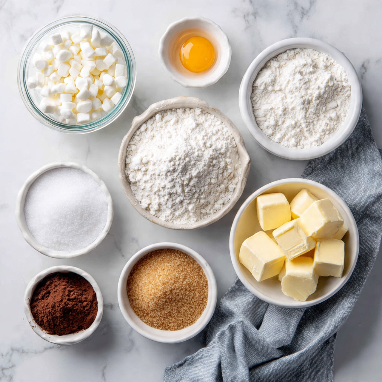 The image shows a top view of seven small white bowls and one jar arranged on a white marbled surface. At the top center, a white bowl filled with white flour occupies the main spot. To its right, a small white bowl holds one raw egg yolk with white egg around it. To the left of the flour bowl, a glass jar is filled with small white bits, likely white chocolate or small marshmallows. Below the jar, a tiny white bowl contains a dark brown powder, likely cinnamon. To the right of the cinnamon, a white bowl is filled with golden brown sugar, slightly mounded in the center. Below the brown sugar, there is a small white bowl filled with white granulated sugar. To the right of the sugar, a white bowl contains several cubes of yellow butter. A gray cloth napkin is draped under the bowls on the right side. photo taken with an iphone --ar 4:5 --v 7