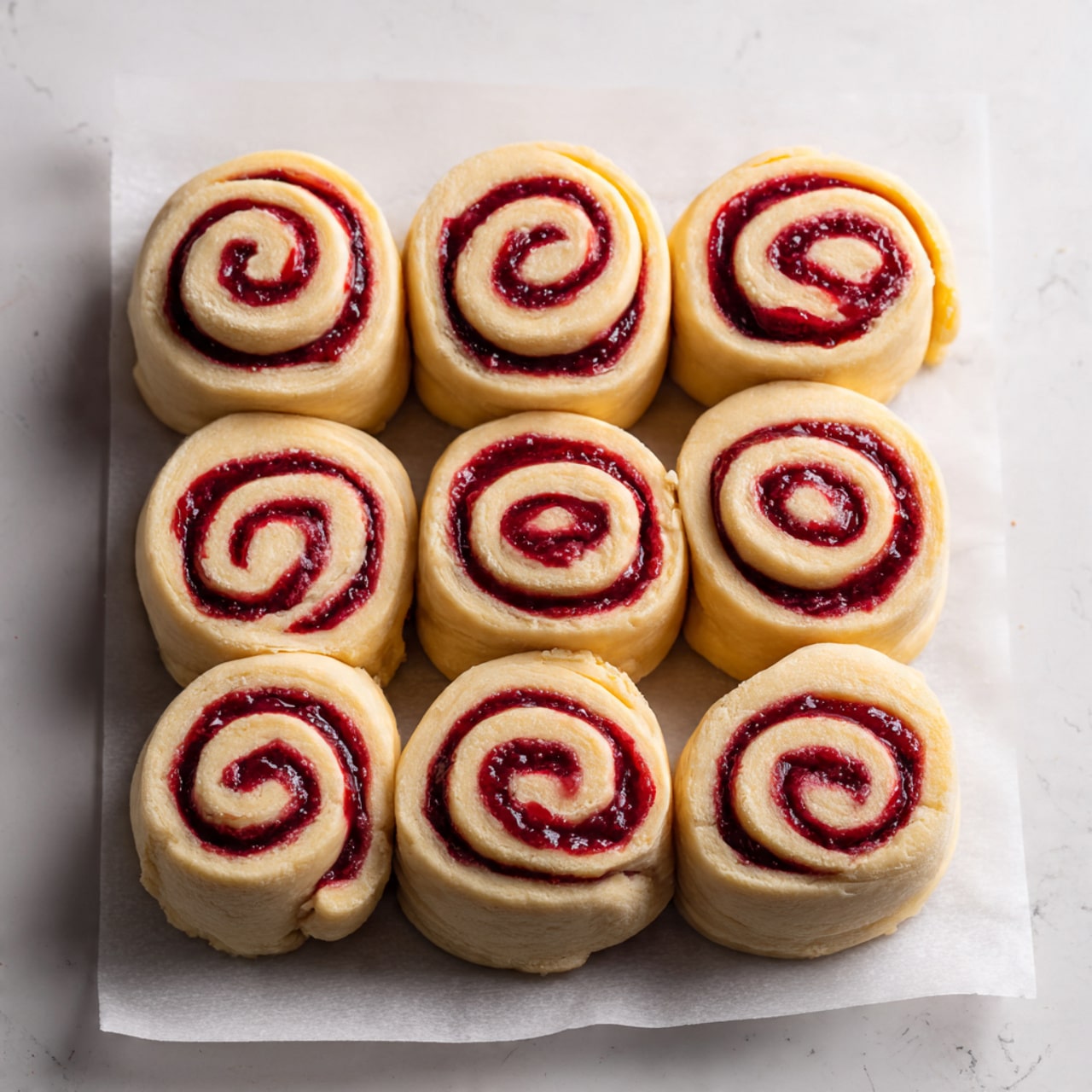 Twelve raw cinnamon rolls with red fruit filling are neatly arranged in three rows on white baking paper. Each roll shows clear spiral layers with pale yellow dough and a bright red filling that looks smooth and slightly glossy. The dough looks soft and thick, with the swirls evenly spaced and contained within each roll. The white marbled surface beneath gives a clean look, and there's no other object or hand visible in the frame. photo taken with an iphone --ar 4:5 --v 7