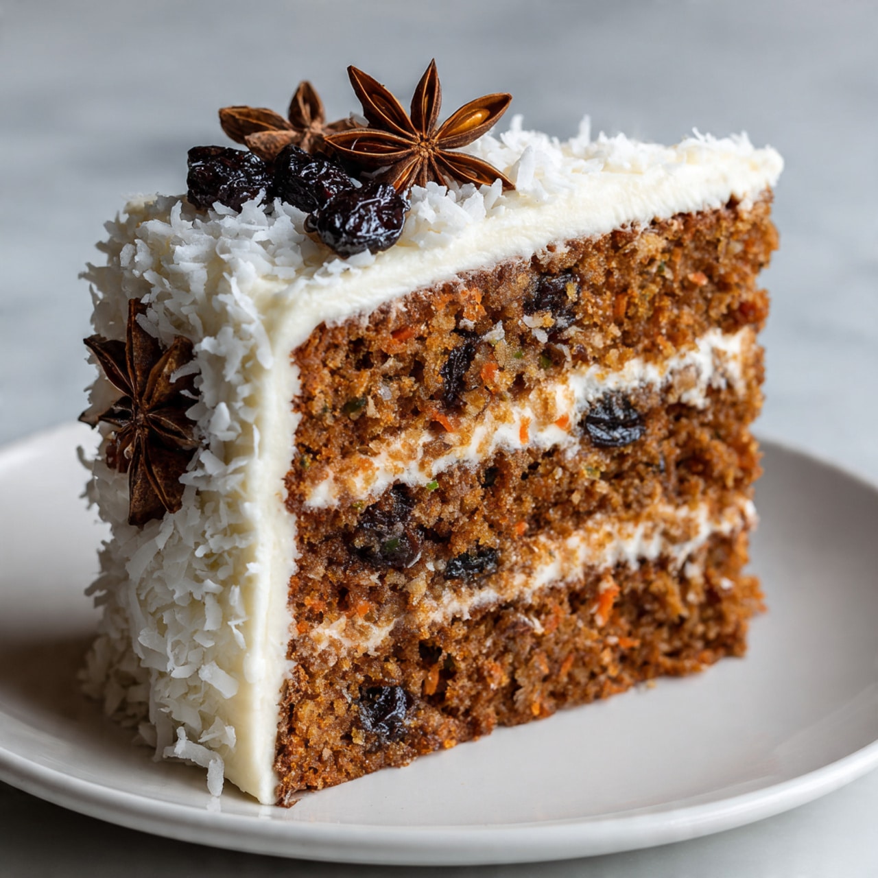 A tall slice of carrot cake with two thick layers, each layer is moist and brown with visible small bits of carrot and dark pieces like raisins or nuts. Between and on top of the layers is a creamy white frosting that looks smooth and rich. On the top layer, white coconut flakes are spread around along with a few whole dark berries and a star anise spice garnish, adding texture and decoration. The cake slice sits on a plain white plate with a white marbled background. Photo taken with an iphone --ar 4:5 --v 7