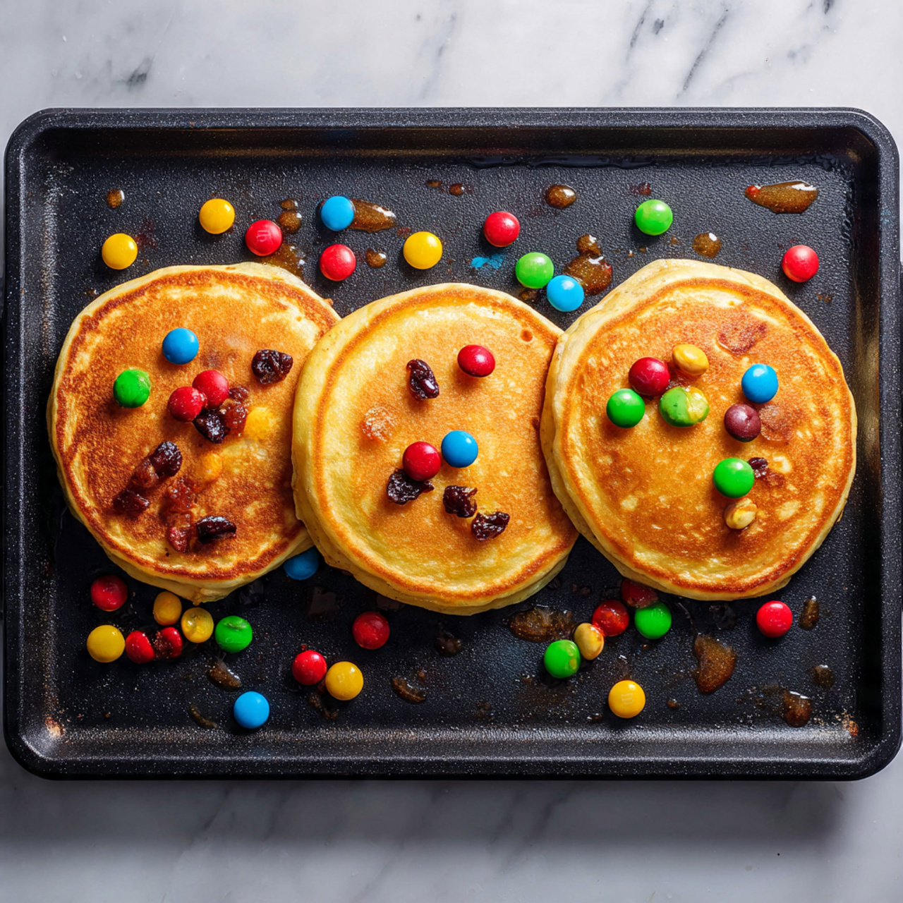 A heap of golden brown pancakes stacked loosely on a round wire rack, each pancake dotted with colorful candy pieces in red, blue, yellow, and green, along with scattered peanuts and dark dried fruits creating a textured look. The pancakes have an uneven, slightly crispy edge and soft centers, showing varying degrees of browning and toasted spots. The wire rack sits on a white marbled surface with a soft dark gray cloth partially visible in the corner, all lit warmly to highlight the different colors and textures of the ingredients in the pancakes. photo taken with an iphone --ar 4:5 --v 7