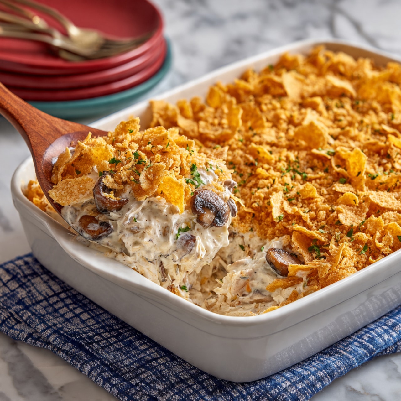 The image shows a close-up top view of cooked yellow egg noodles with a slightly twisted shape piled inside a stainless steel colander. The colander has a fine mesh and two handles on the sides, and it sits on top of a round stainless steel bowl resting on a white marbled surface. The noodles fill the colander evenly, showing their smooth and slightly glossy texture. Photo taken with an iphone --ar 4:5 --v 7