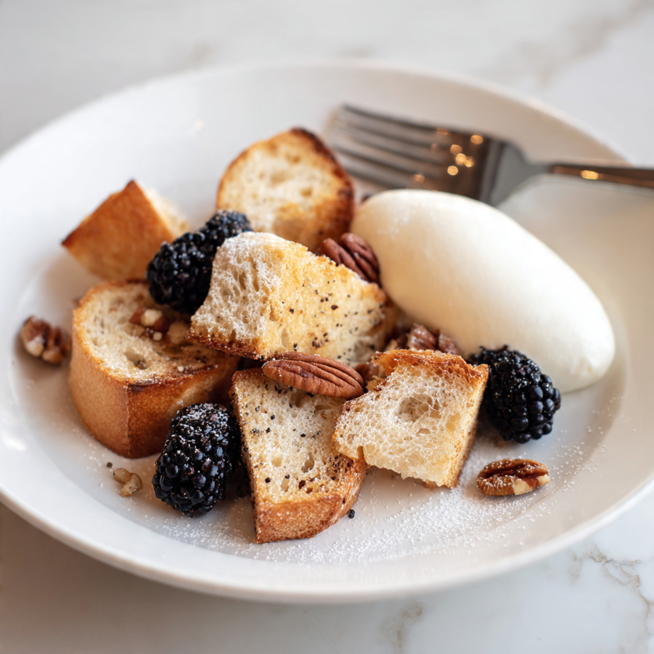 The dish is a white baking dish filled with a bread pudding made of chunky, toasted bread pieces in golden-brown and light tan shades, layered with cream or custard mixture soaked in between. The top layer is sprinkled with chopped pecans and lightly dusted with powdered sugar, giving a soft snowy effect. There are three dollops of white whipped cream placed evenly, each topped with fresh blackberries, which are deep purple-black and glossy. The dish is set on a white marbled surface with a few blackberries scattered nearby and some white plates stacked on the side, along with a metal spoon resting on a dark cloth. photo taken with an iphone --ar 4:5 --v 7