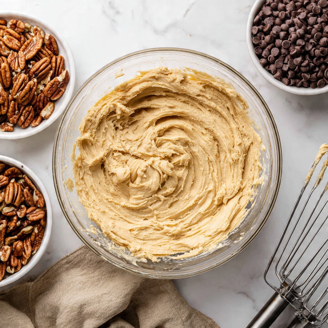 A clear glass bowl filled with smooth, creamy light brown dough sits in the center on a white marbled surface. Two metal beaters with some dough on them rest beside the bowl, showing the soft and thick texture of the mixture. Above the bowl, there are two white bowls, one filled with dark brown chocolate chips and the other with broken pieces of brown pecans. A light beige cloth is laid casually on the left side of the frame. The scene has a warm, natural look with soft lighting. photo taken with an iphone --ar 4:5 --v 7