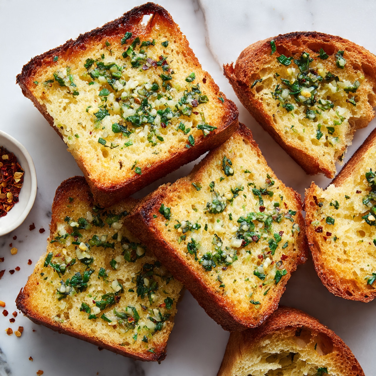 Two long slices of toasted bread sit side by side on a baking tray lined with brown parchment paper. Each slice has a golden-brown crust and is topped with a thick layer of melted cheese, speckled with green herbs and finely grated cheese scattered on top. To the upper left, there is a white plate with spaghetti in red tomato sauce visible in the corner. Near the top right corner of the tray are two small round bowls filled with dark red chili flakes and fresh green chopped parsley. A beige and white striped cloth is placed casually on the white marbled surface beside the tray. photo taken with an iphone --ar 4:5 --v 7