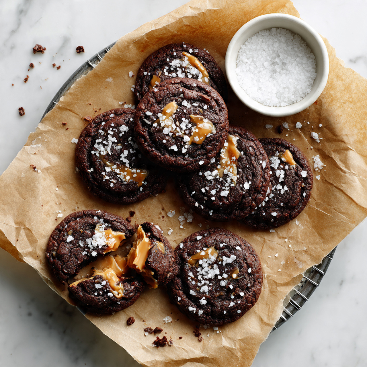 A close-up top view of four rich dark brown chocolate cookies on slightly crumpled light brown parchment paper on a black metal rack, one cookie is broken in half showing a thick, creamy caramel center with melted chocolate chips inside, all cookies have a slightly cracked surface sprinkled with flaky sea salt, crumbs scattered around, the background is a white marbled texture photo taken with an iphone --ar 4:5 --v 7