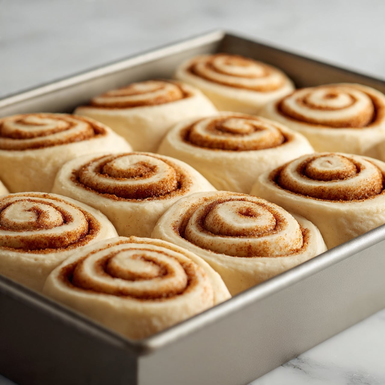 The image shows a close-up of soft cinnamon rolls in a silver baking tray on a white marbled surface. There are four visible rolls in the tray, each thick with a golden brown dough base and a spiral pattern of darker brown cinnamon filling. A thick, creamy white icing covers the top of the rolls, flowing slightly down the sides and filling the gaps between them. One cinnamon roll is being lifted by a metal spatula, showing its fluffy texture and a part bitten off, revealing the soft inside. The scene is warm and inviting, focusing on the texture of the icing and the fluffy dough. photo taken with an iphone --ar 4:5 --v 7
