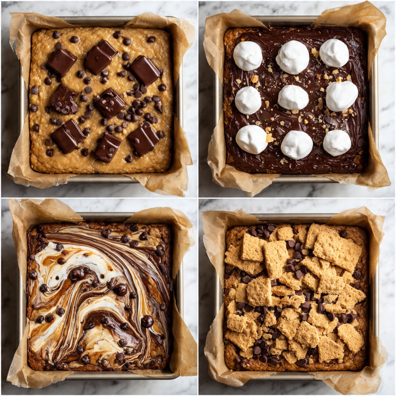 The image shows four square baking pans lined with parchment paper, each with a different step of a dessert being made. In the top left pan, there is a thick light brown batter with small dark chocolate chips scattered all over, topped with uneven blobs of smooth, shiny dark chocolate. The top right pan has the same batter base with swirled dark chocolate on top, and five dollops of white marshmallow cream placed on top. The bottom left pan shows the batter mixed with dark chocolate and marshmallow cream in a swirled pattern, creating a marbled effect with light brown, dark brown, and white colors blending smoothly. The bottom right pan has the marbled batter now topped with broken pieces of golden brown graham crackers and extra dark chocolate chips spread evenly on top. The background is a white marbled surface. photo taken with an iphone --ar 4:5 --v 7