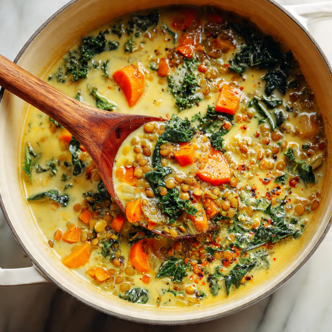 A close-up view of a creamy soup served in a white bowl with a metal spoon on the right side, resting inside the bowl. The soup has three main layers: a light yellow creamy broth base; medium-sized chunks of orange sweet potato scattered throughout; and dark green leafy kale and fresh chopped herbs sprinkled on top, adding a fresh touch. On the upper right side, a piece of toasted bread with a golden-brown crust partially dips into the soup. The background surface is white marble. photo taken with an iphone --ar 4:5 --v 7