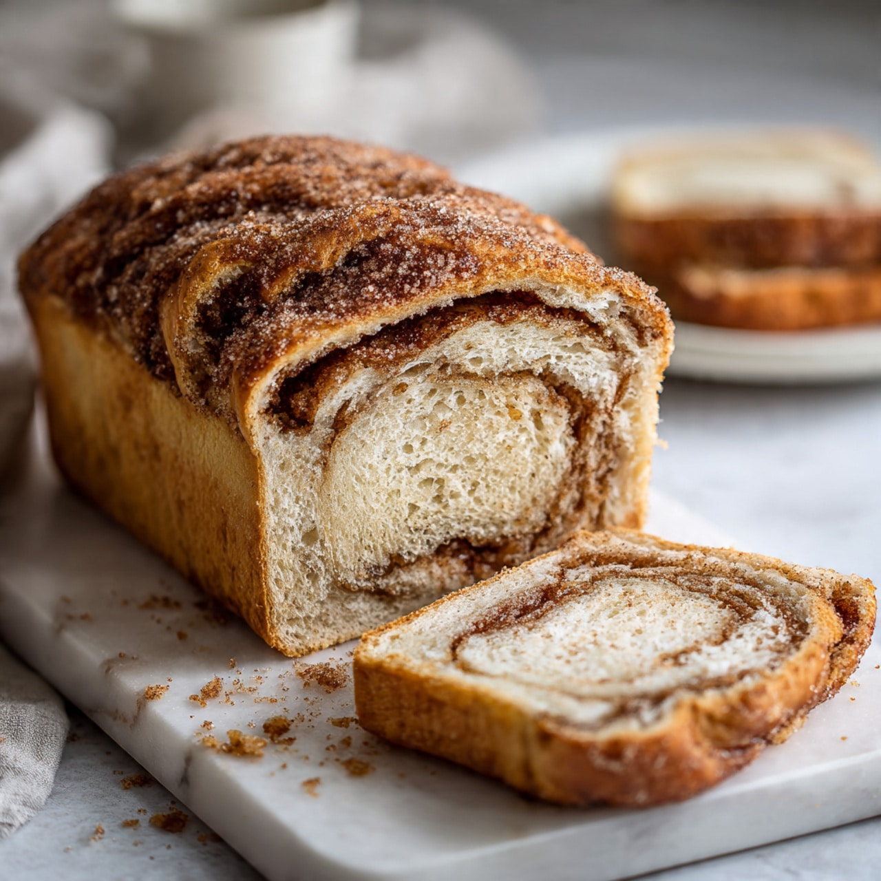 A loaf of cinnamon swirl bread sits on a white marbled board with a slightly rough texture, showing a golden brown crust with a crunchy cinnamon sugar layer on top. One slice is placed in front of the loaf, revealing soft, light beige bread with a darker brown cinnamon swirl running through the middle layer. There are small crumbs scattered around the board, and a white plate with another slice is in the background on a white marbled surface. The overall lighting is warm and natural, highlighting the bread's texture. photo taken with an iphone --ar 4:5 --v 7