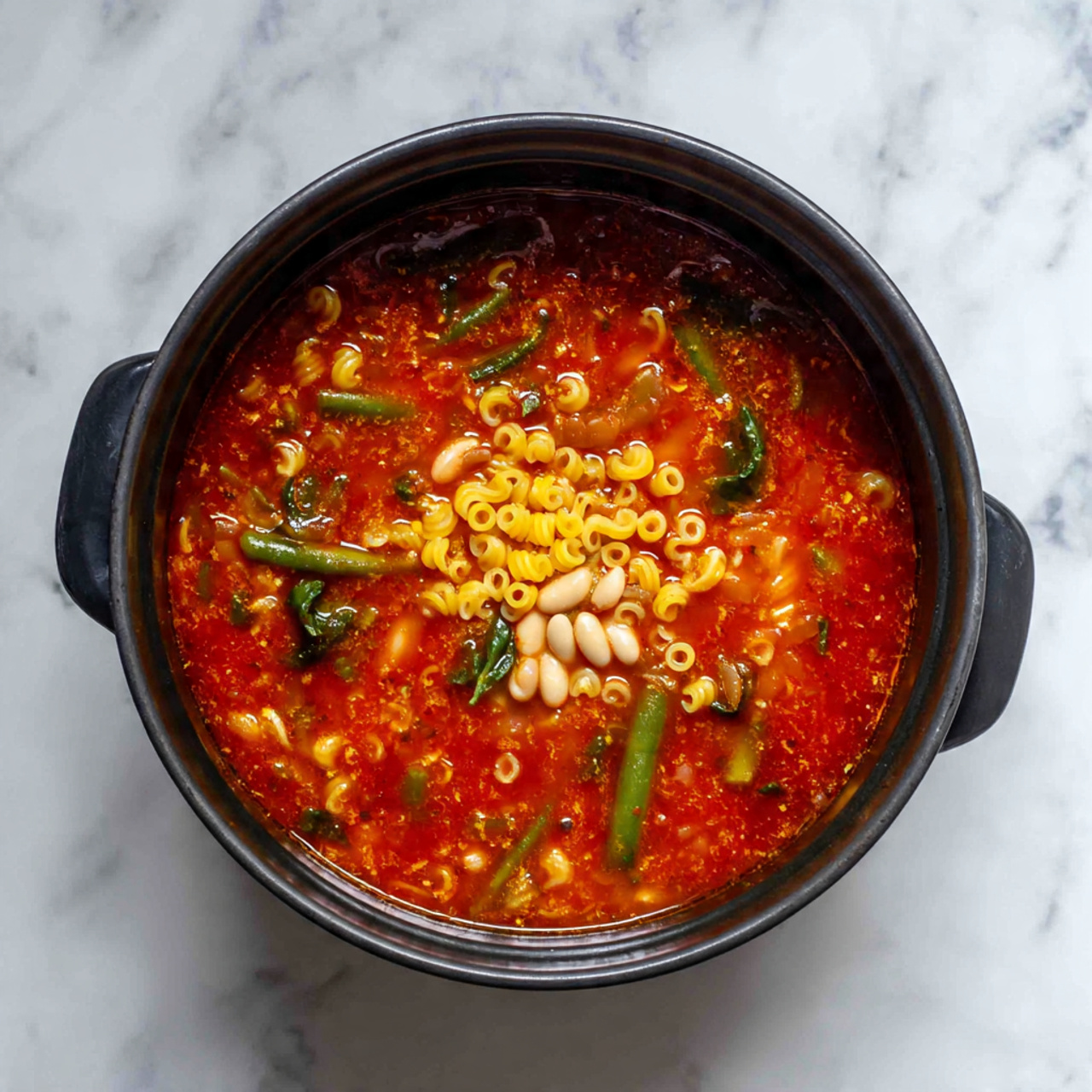A round black pot filled with tomato-based soup, showing a rich red liquid with visible green beans and small pieces of vegetables scattered throughout. Toward the center-top, there is a neat pile of yellow pasta letters, next to a small cluster of white beans resting on the surface. The pot sits on a white marbled background. photo taken with an iphone --ar 4:5 --v 7