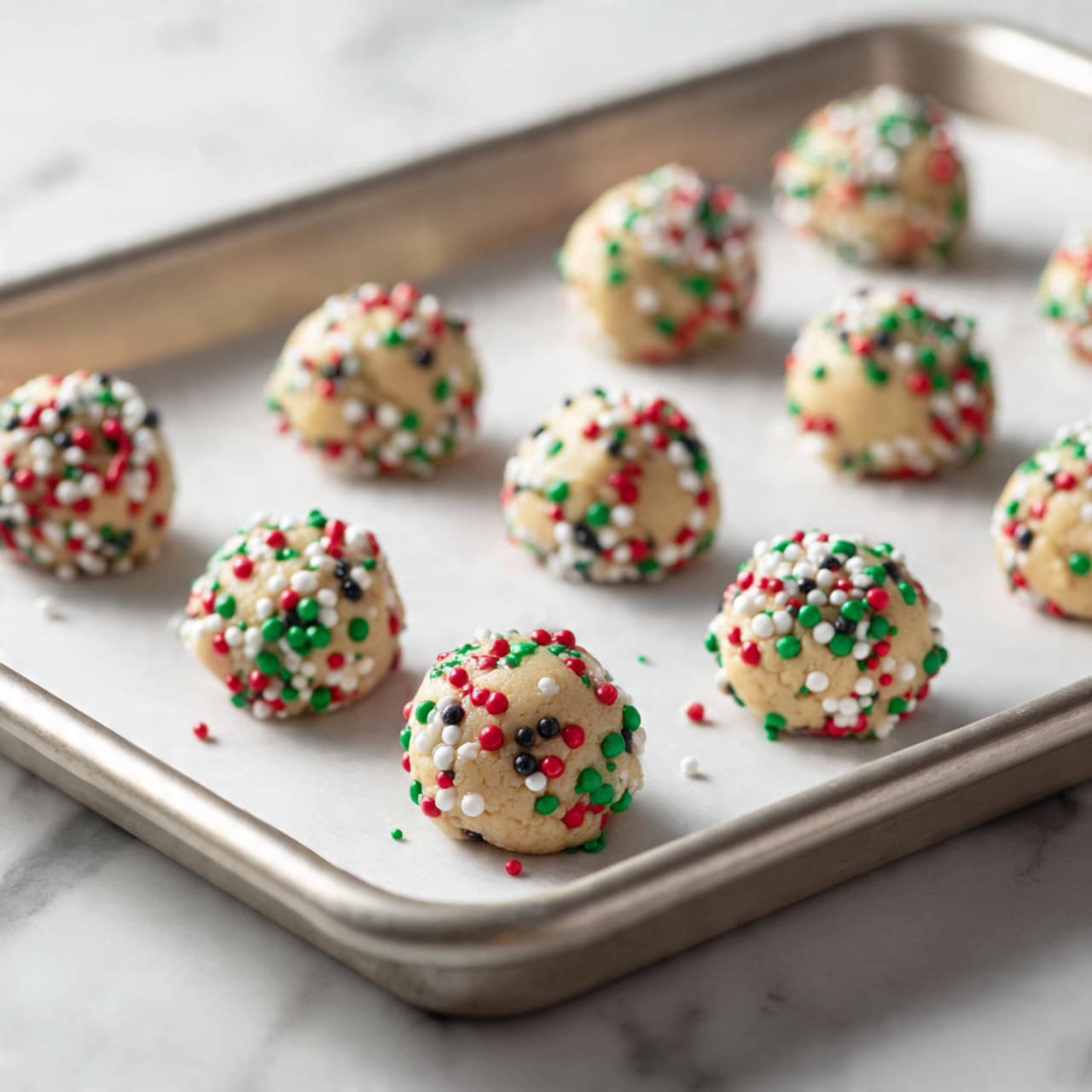The image shows several round cookies with a pale beige base covered in small round sprinkles colored red, green, and white all around the edges. Each cookie has a single red and white striped candy placed in the center, with a smooth texture and shiny surface. One cookie in the front has a woman's hand holding it with a bite taken out, revealing a soft, crumbly inside with a thick, creamy layer underneath the candy. The cookies are placed close together on a surface with a white marbled texture. photo taken with an iphone --ar 4:5 --v 7