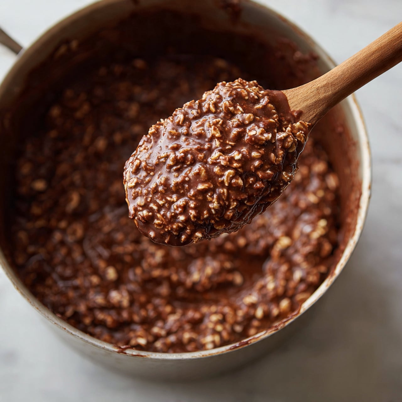 A close-up image showing a wooden spoon lifting thick, sticky chocolate oatmeal from a silver pot. The oatmeal looks rich and dense with visible oats coated in shiny, dark brown chocolate. The pot is set on a white marbled surface, and the focus is on the texture of the chocolate oats on the spoon, with the pot and background softly blurred. photo taken with an iphone --ar 4:5 --v 7