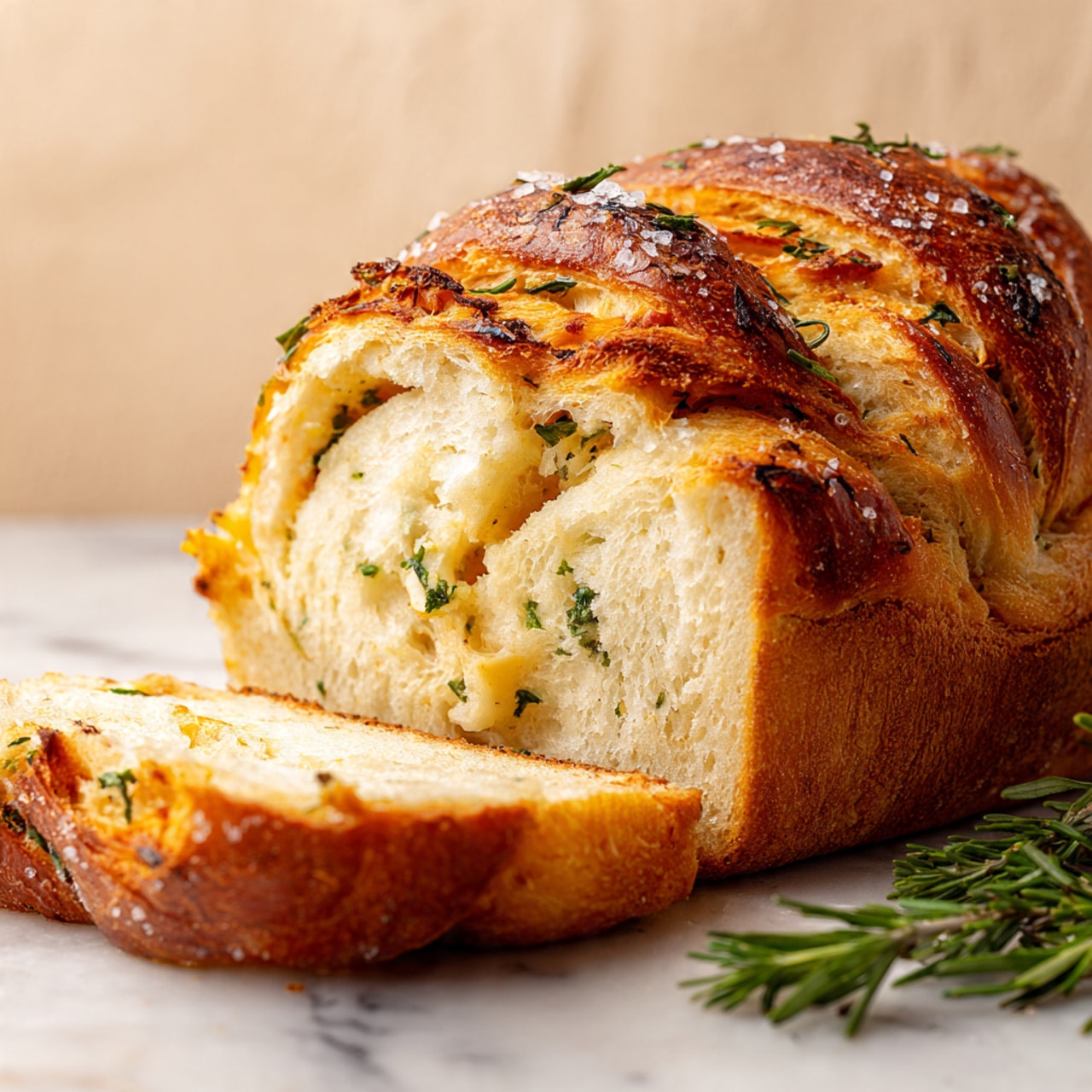 A twisted loaf of golden-brown bread with multiple thick layers, each showing a soft, light-yellow inside and a crusty, darker brown outside. The bread appears braided or folded, with some layers slightly separated, showing a textured, fluffy interior. Small bits of shredded cheese and coarse salt flakes are scattered on top, adding white and light yellow highlights. Fresh green sprigs of rosemary are placed on and beside the bread, giving a touch of green. The loaf is on a wooden board with a light wood grain, set on a white marbled surface. Photo taken with an iphone --ar 4:5 --v 7