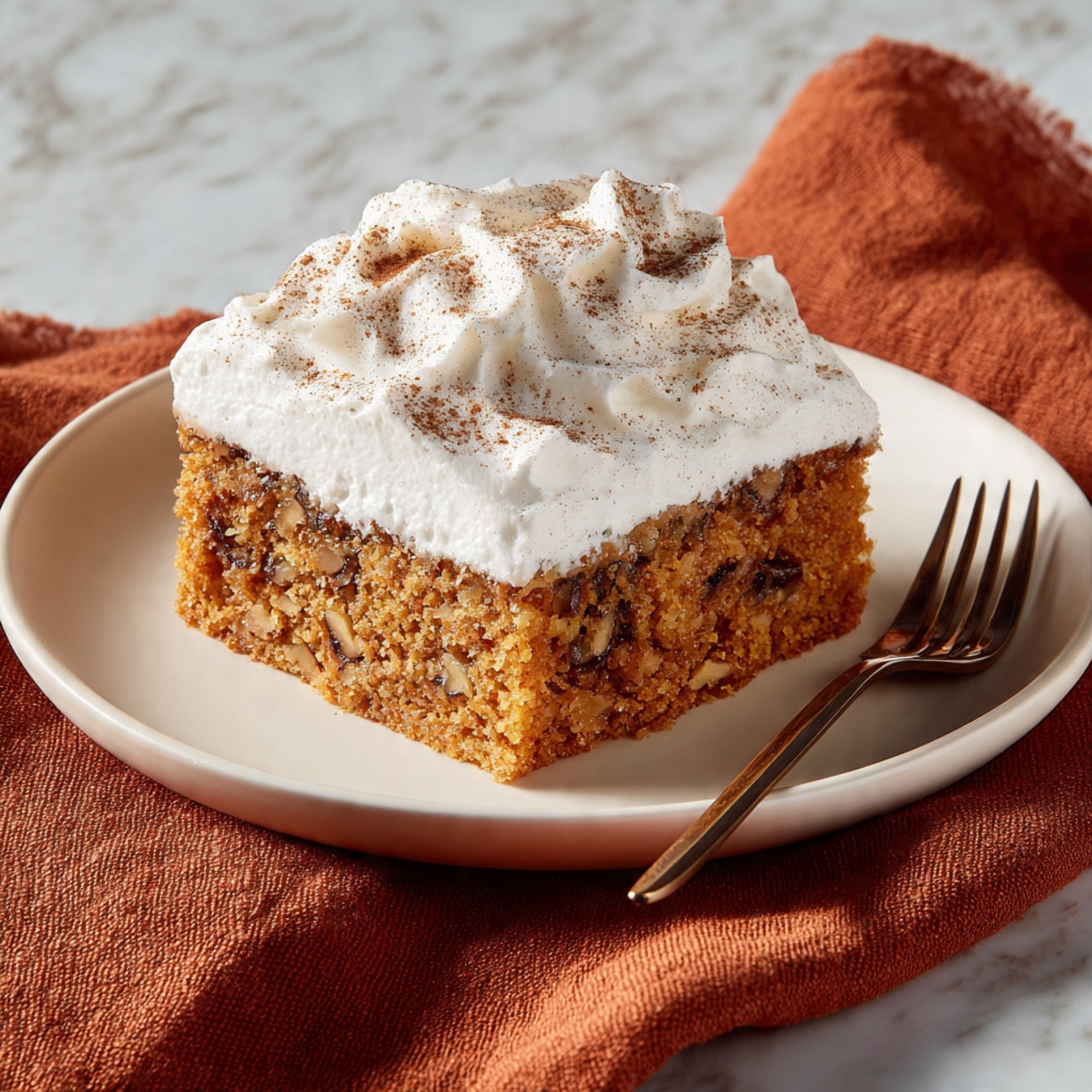 A single thick square slice of orange-brown cake with visible dark nut pieces inside sits in the center of a white round plate. On top of the cake is a generous mound of white whipped cream with a soft and fluffy texture, sprinkled lightly with brown cinnamon powder. The plate rests on a rust-colored cloth napkin, all placed on a white marbled surface. Photo taken with an iphone --ar 4:5 --v 7