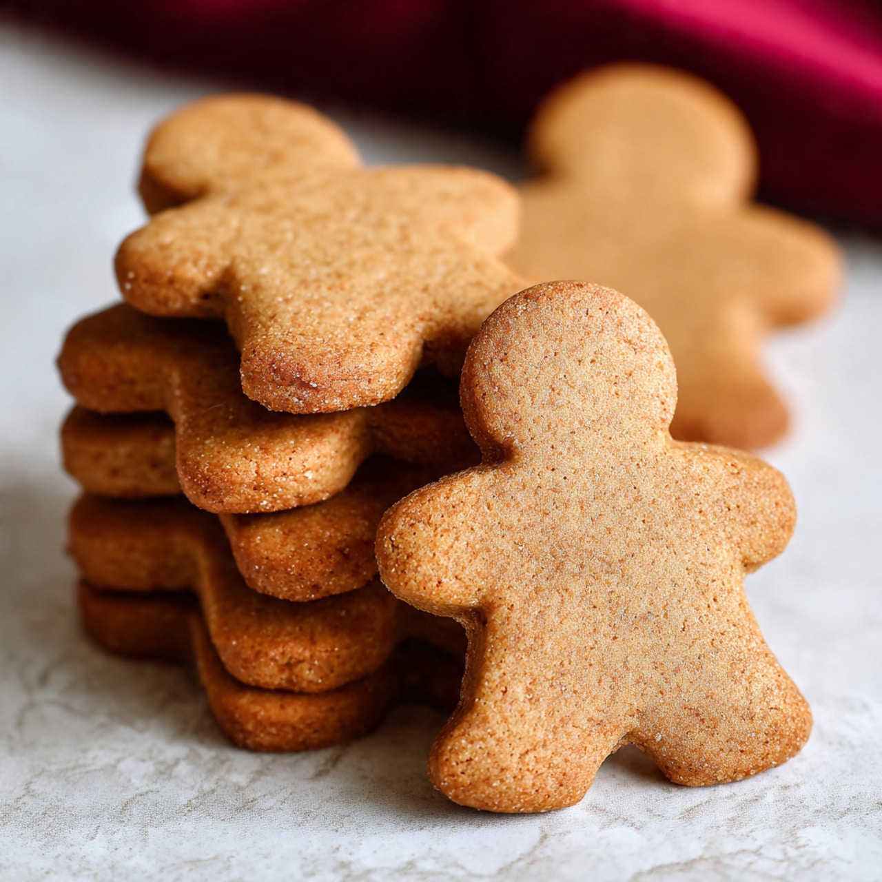 The image shows several gingerbread cookies shaped like men, stacked and overlapping on a white marbled surface. Each cookie is decorated with white icing outlining the arms, legs, and heads, with simple smiling faces made of white icing dots for eyes and curved lines for mouths. The cookies have three small round buttons in red, green, or white icing on their chests. Small red, green, and white sprinkles shaped like Christmas trees and lines are scattered around and between the cookies. The texture of the gingerbread is slightly rough and baked to a warm brown color. Photo taken with an iphone --ar 4:5 --v 7