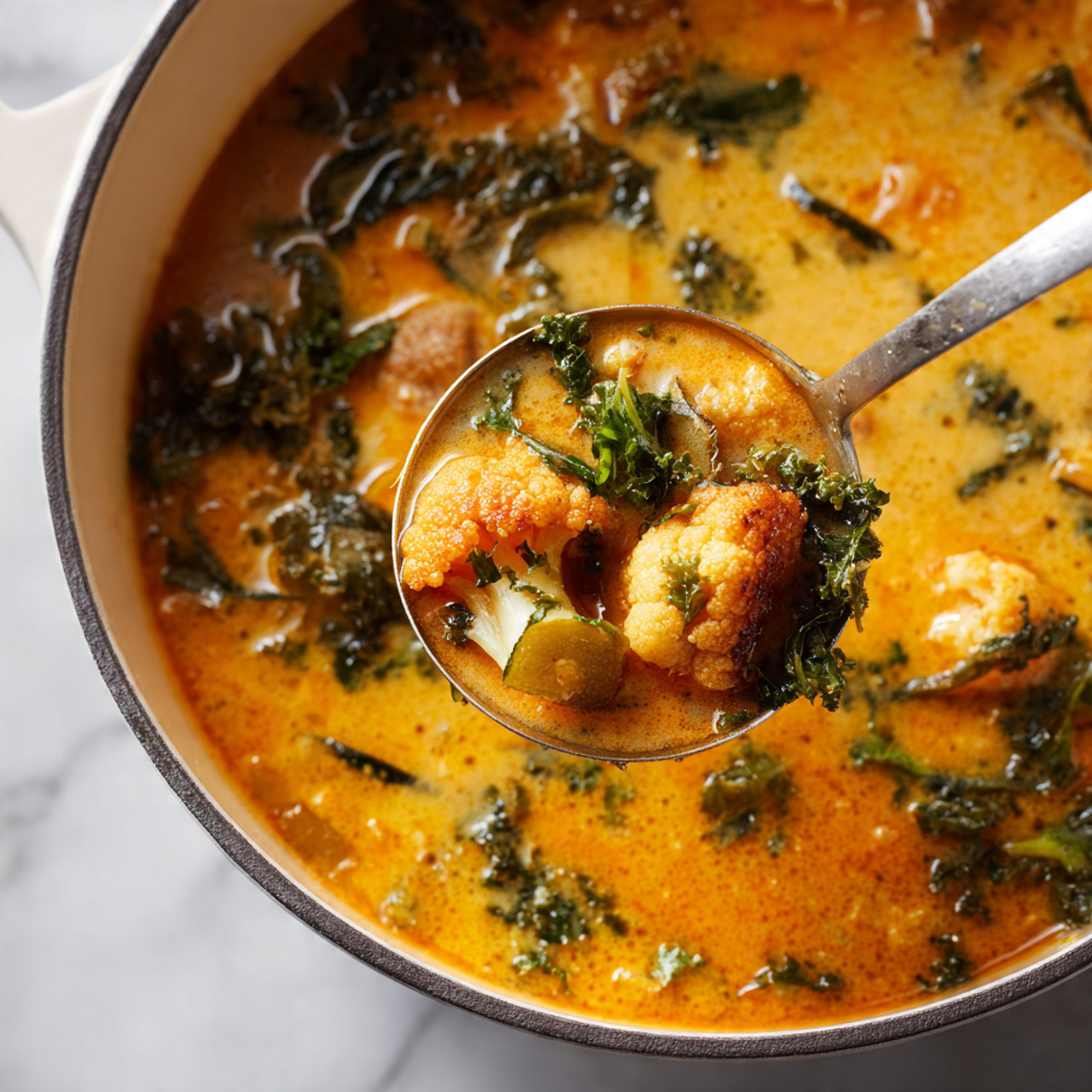 A white speckled bowl filled with a thick orange stew as the base layer, with large pieces of light golden cauliflower and bright green kale scattered on top, along with dark green slices of zucchini. Thin, off-white shavings of cheese are spread across the dish, mixed with small bits of red chili flakes. A silver spoon rests inside the bowl, and the bowl is placed on a blue and white striped cloth, with a white marbled surface underneath. photo taken with an iphone --ar 4:5 --v 7
