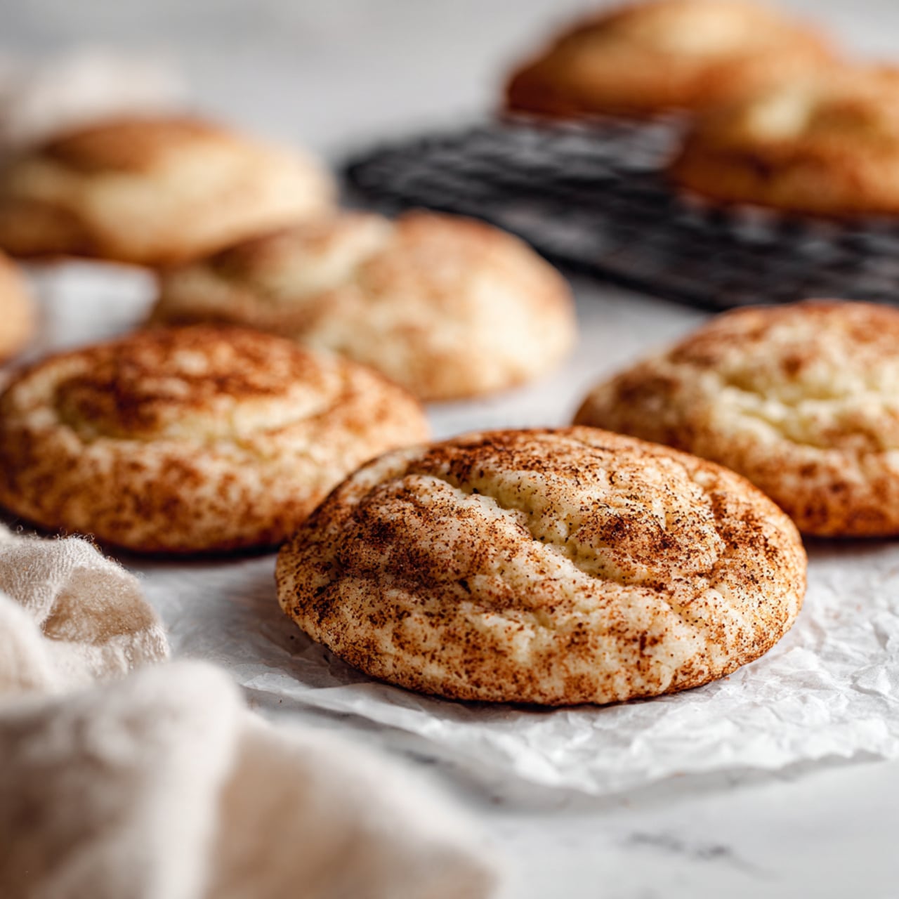 The image shows a black cooling rack placed on a white marbled surface with twelve round cookies evenly spaced on it. Each cookie is golden brown with a slightly rough texture and light cracks on the top. To the upper left, there is a glass bowl with a light brown powder mixture, and on the upper right, there is a white plate with some dough crumbs and a metal scoop holding light dough. A woman's hand holding the black handle of the scoop is partially visible at the edge of the plate. The scene has soft, natural lighting that highlights the warm tones of the cookies. Photo taken with an iphone --ar 4:5 --v 7