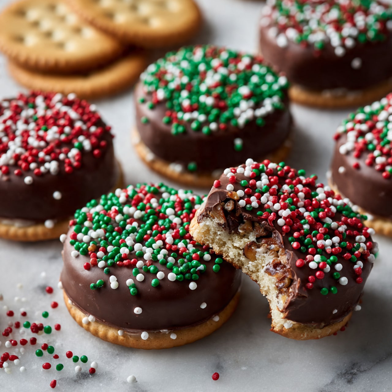 There are twelve small round treats on a baking sheet lined with parchment paper. Each treat has two layers: a bottom layer that is golden yellow with a slightly textured edge, and a smooth top layer of dark brown chocolate. The treats are neatly arranged in a grid of three columns and four rows. The baking sheet has some dark spots and looks old and used, while the background is a white marbled texture. photo taken with an iphone --ar 4:5 --v 7