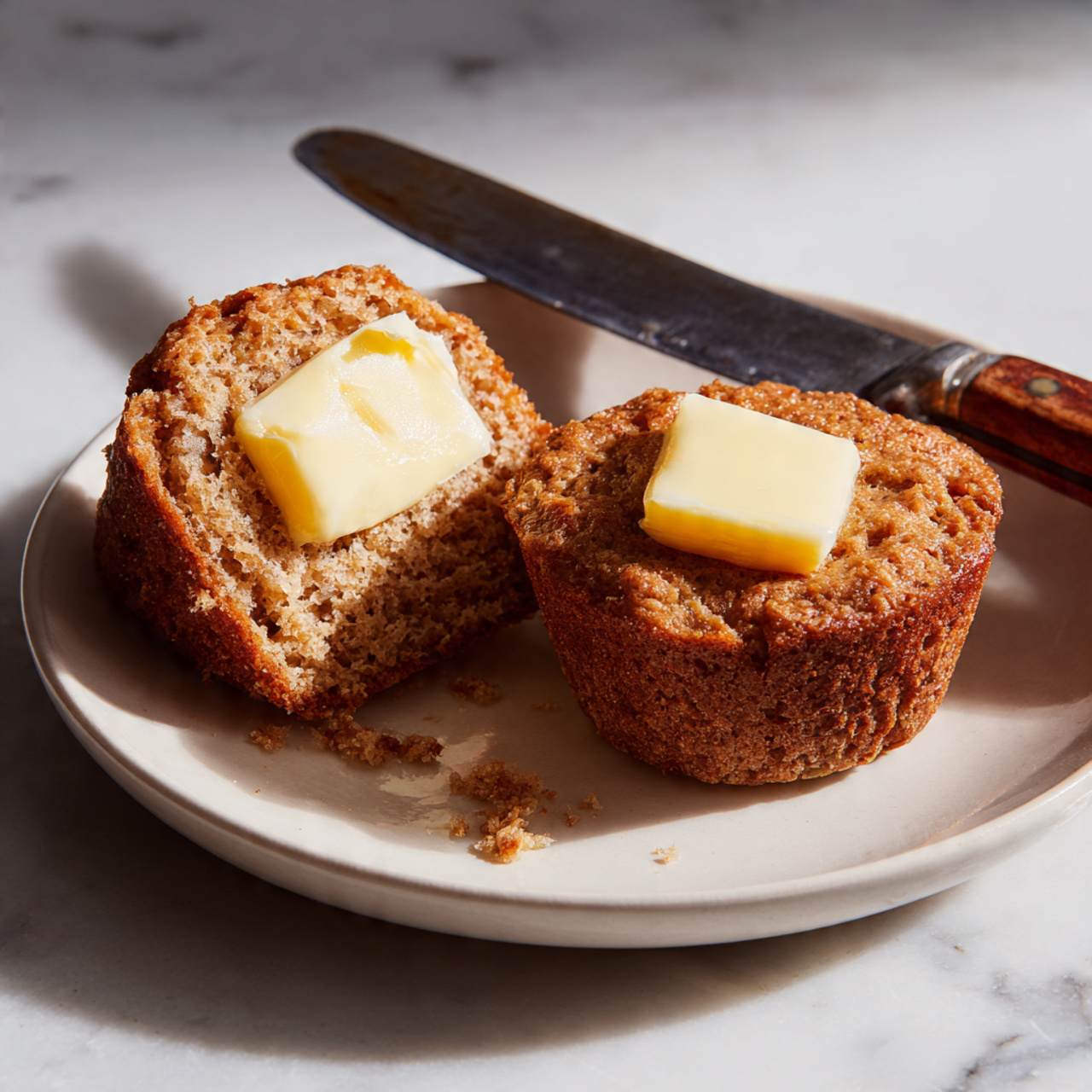 The image shows several muffins with a golden-brown, slightly cracked top texture, each wrapped in white parchment paper liners. The muffins have a soft, crumbly surface with visible dark chocolate streaks running through them, giving a marbled effect. They are arranged close together on a white marbled surface, with no additional items visible. Photo taken with an iphone --ar 4:5 --v 7