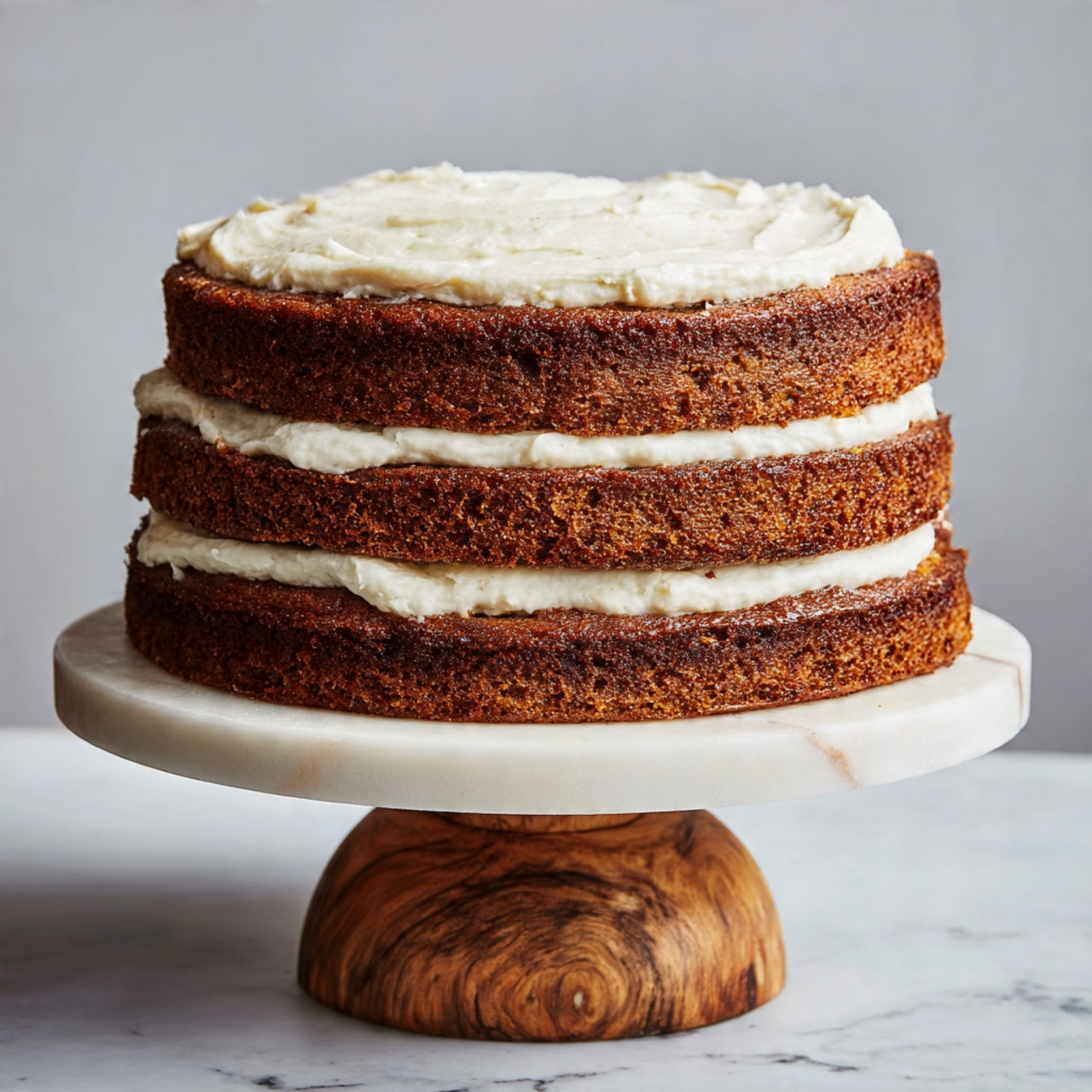 The image shows a three-layer cake on a white marble surface with a round white marble cake stand that has a natural wooden base. Each cake layer is brown with a rough texture, and creamy white frosting layers are spread evenly between the cake layers, slightly thick and smooth. The cake layers and frosting together create a tall, neat stack with no decorations on top or around it. Photo taken with an iphone --ar 4:5 --v 7