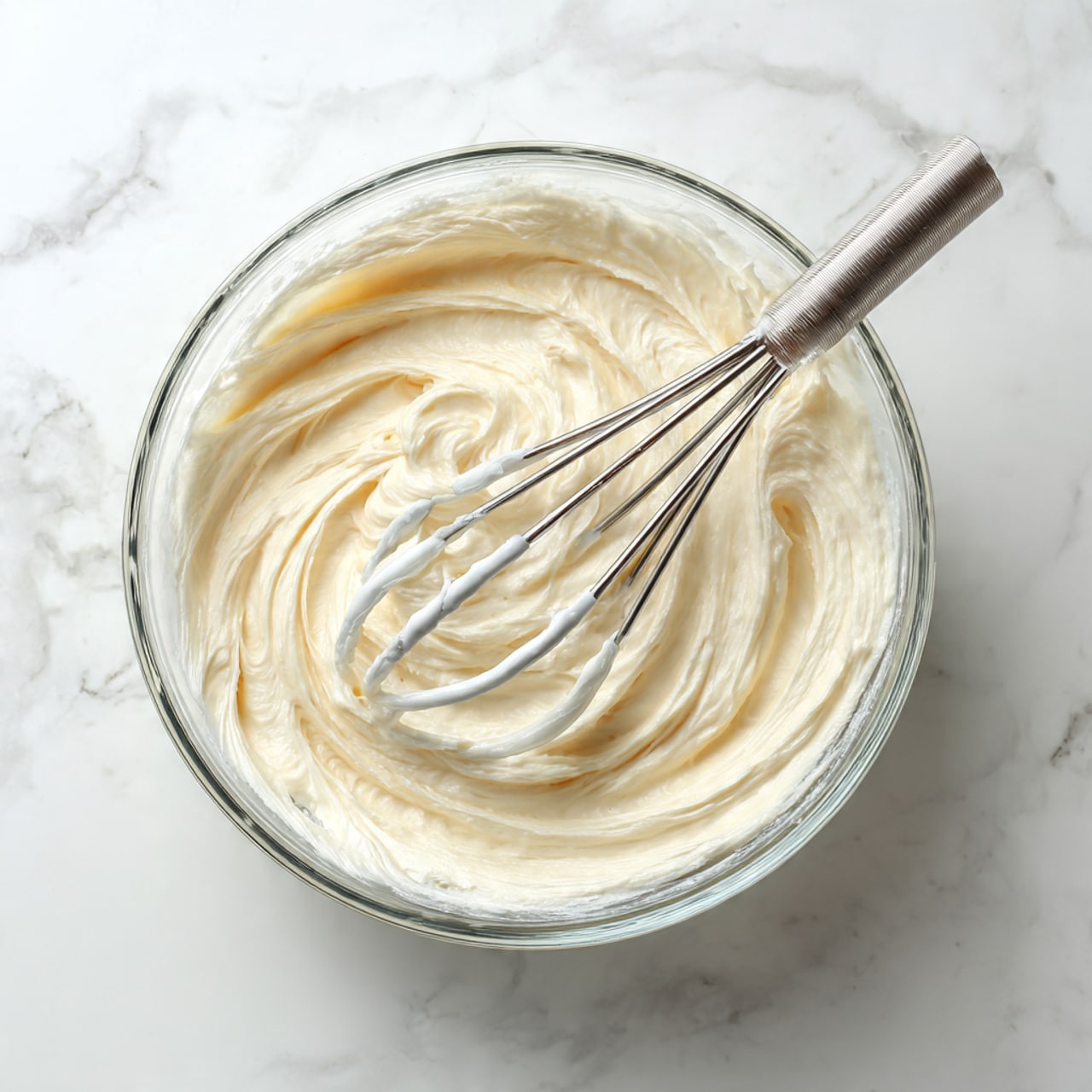 The image shows a three-layer dessert in a clear glass round dish placed on a white marbled surface. The bottom layer is a crumbly, golden-brown crust that fills the entire base of the dish. Above it is a thick, smooth layer of white cream spread evenly. The top layer is a glossy, bright red cherry topping with whole cherries visible, covering the cream layer in a slightly uneven shape. Photo taken with an iphone --ar 4:5 --v 7