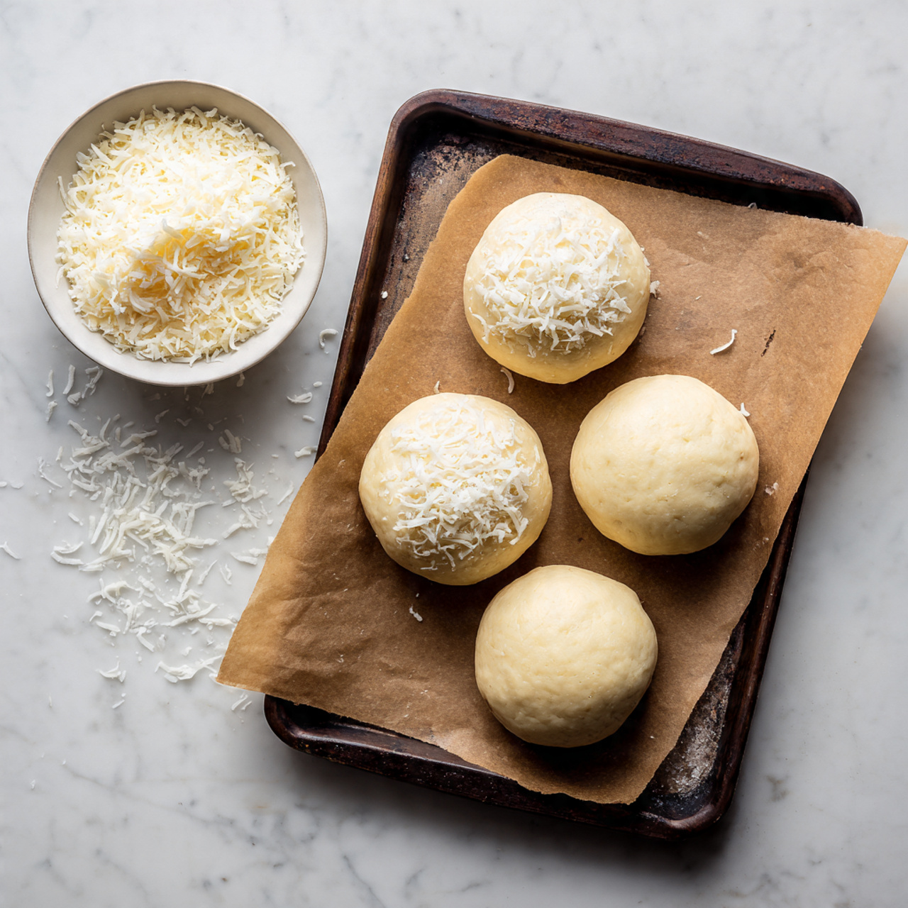 Four round dough balls are placed on a piece of brown parchment paper on a dark baking tray, two of which have an indentation in the middle and are covered with white shredded coconut flakes. Two plain dough balls without toppings are also placed on the parchment paper near the bottom. To the top left of the tray, there is a small white bowl filled with more white shredded coconut flakes on a white marbled texture surface. Some coconut flakes are scattered around the bowl and on the surface. Photo taken with an iphone --ar 4:5 --v 7