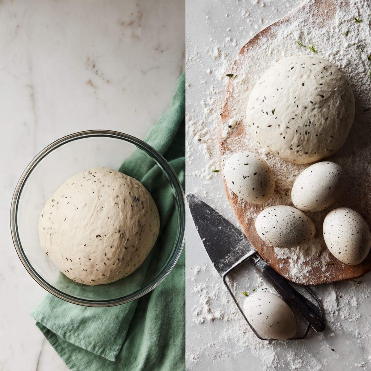 A close-up of a thick slice of pull-apart bread showing multiple layers of golden-brown crust and soft white dough. The top layer is speckled with green pesto sauce mixed with bits of herbs and cheese, giving a textured look. The bread sits on a wooden board with small crumbs and cheese flakes scattered around. The background is a soft, blurred white marbled texture, and a glass jar with green pesto is faintly seen on the left side. photo taken with an iphone --ar 4:5 --v 7