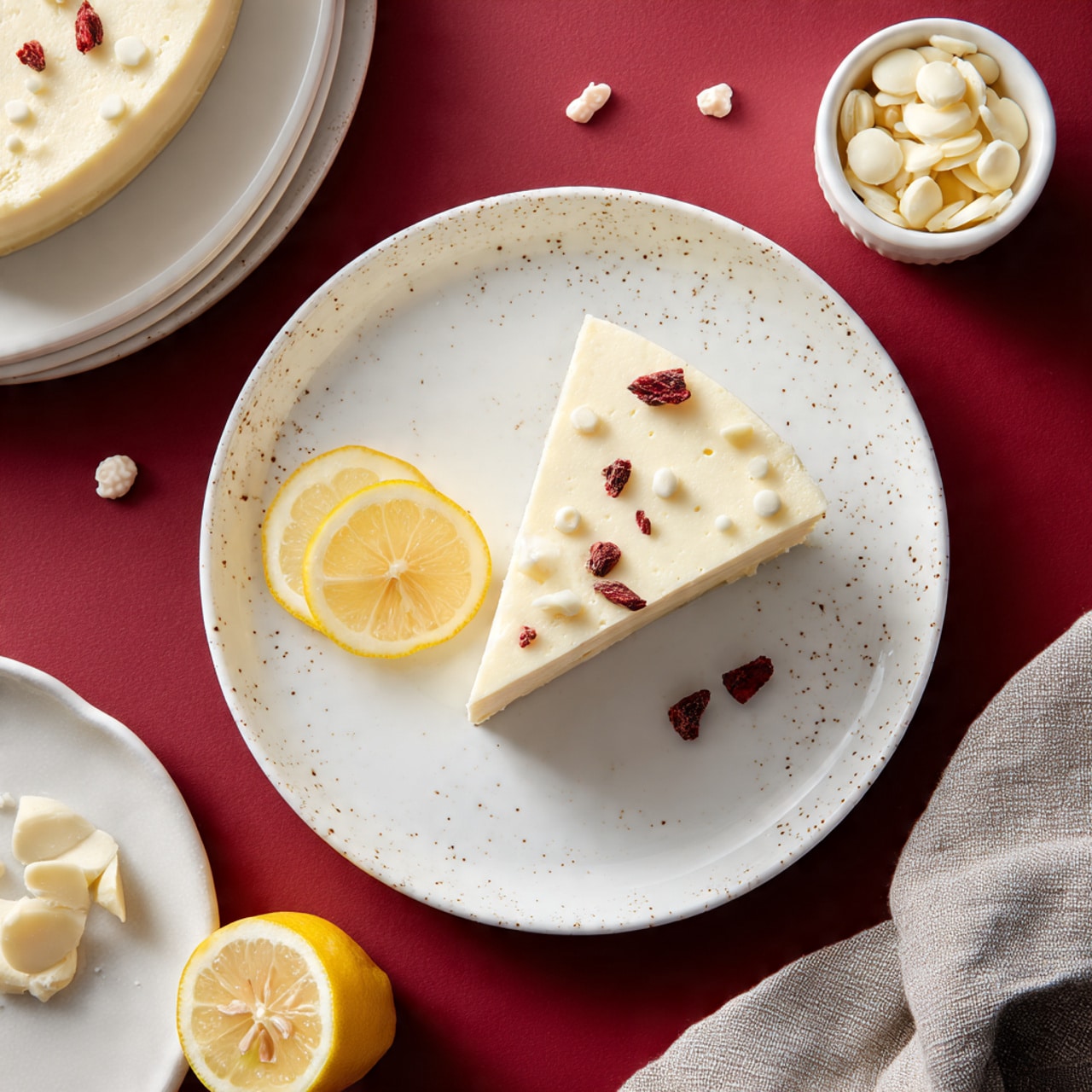 The image shows a square baking pan filled with a dessert that has a creamy white top layer, smooth and spread evenly. This top layer is sprinkled with small, dark red pieces that look like dried fruit or nuts, scattered all over. The edges show a light golden brown baked layer underneath the creamy topping. The pan is set on a white marbled surface. Photo taken with an iphone --ar 4:5 --v 7