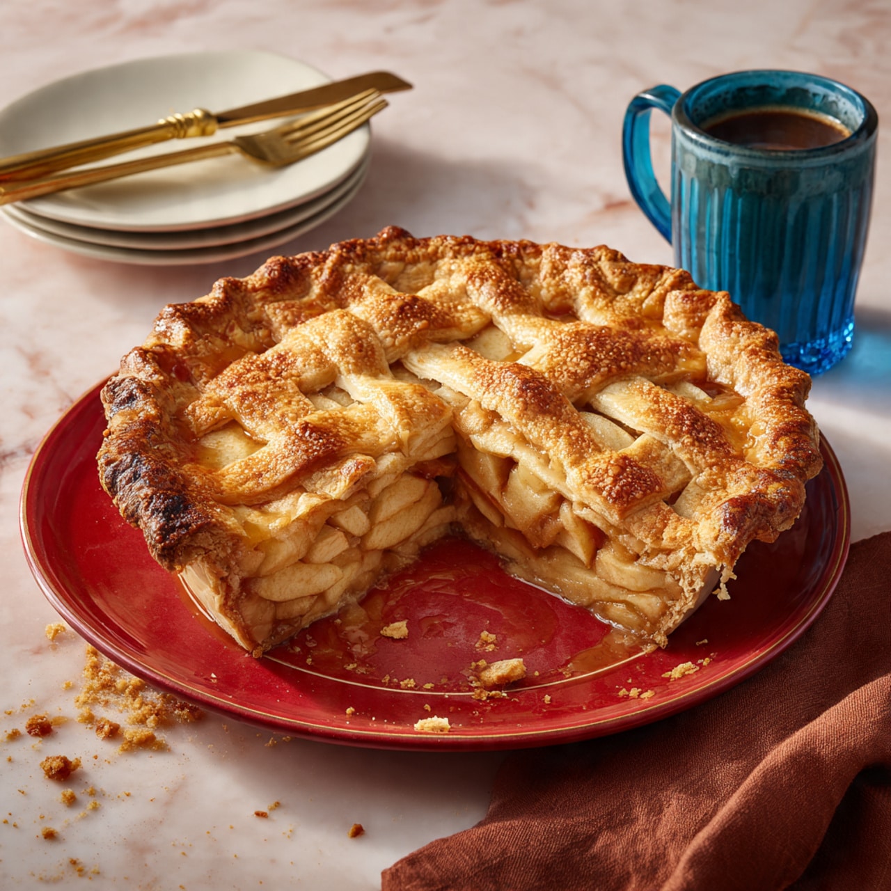 A lattice apple pie sits on a red plate, showing a golden, flaky crust woven in wide strips on top. The crust edges are crimped with a slightly darker brown and crispy look. A slice is missing, revealing layers of cooked apple slices with a soft, warm pinkish color inside, nestled in a thick syrupy filling. The pie rests on a white marbled surface with light crumbs around the plate. Nearby, a clear glass mug with coffee and a blue glass sit on the marble, while a white plate with gold forks sits in the background. A brown cloth is partially visible at the corner. Photo taken with an iphone --ar 4:5 --v 7