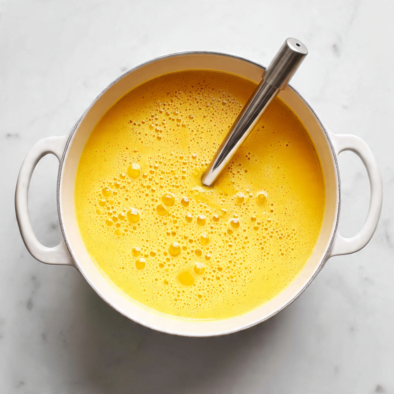 A white bowl filled with a thick yellow curry soup as the base layer, topped with golden roasted cauliflower florets and round cooked chickpeas evenly spread in the center. Bright green chopped herbs are scattered over the vegetables, adding a fresh look. The bowl sits on a white marbled surface with a soft gray cloth nearby. The colors of yellow, golden brown, and fresh green contrast well in the bright lighting. photo taken with an iphone --ar 4:5 --v 7