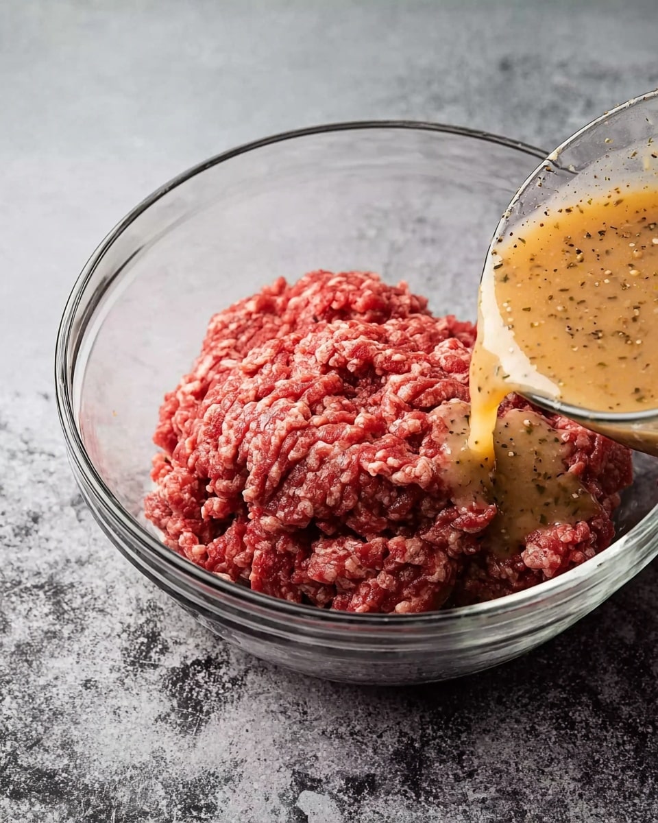 A clear glass bowl filled with red raw ground meat sits on a white marbled surface. Another clear glass bowl, positioned at the bottom right and partially overlapping the first, contains a beige-colored sauce with black pepper and herbs visible in it, being poured gently into the bowl with the meat. The background has a smooth, mottled gray texture. Photo taken with an iphone --ar 4:5 --v 7