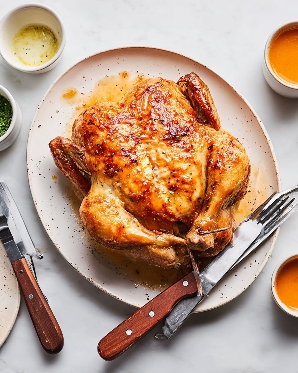 A whole roasted chicken with a golden brown crispy skin sits in the center of a white plate. The chicken is plump with slightly browned wing and drumstick tips visible, showcasing a shiny texture from the roasted juices. Behind the chicken on the plate, there are two wooden-handled knives laying side by side with their blades pointed away. To the upper right, a white bowl filled with a smooth, thick orange sauce adds color contrast, sitting on a white marbled surface. photo taken with an iphone --ar 4:5 --v 7