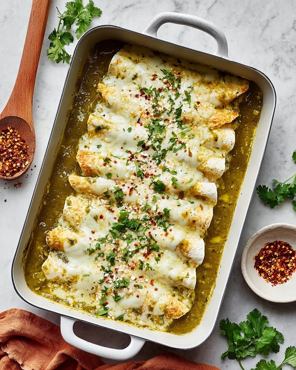 A white rectangular pan filled with six rolled enchiladas arranged side by side. Each enchilada is covered with a smooth layer of melted white cheese, which has slightly browned spots. The enchiladas sit in a generous pool of green sauce that fills the bottom of the pan and touches the edges. Small pieces of chopped green herbs and red chili flakes are scattered evenly over the cheese on top. The pan is placed on a white marbled surface with sprigs of fresh green cilantro around it. To the right, there is a small white bowl with red chili flakes. A wooden spoon and a woman's hand holding some cilantro are partially visible on the left side. photo taken with an iphone --ar 4:5 --v 7