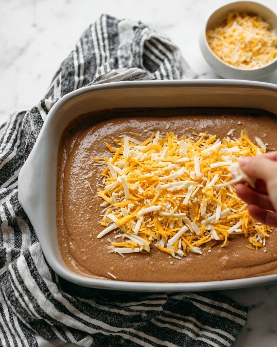 A gray baking dish filled with one thick layer of smooth brown batter spread evenly inside, on top of which a woman's hand is sprinkling a mix of shredded yellow and white cheese, with a small white bowl of shredded cheese blurred in the background, all placed on a white marbled surface with a black and white striped cloth partially visible. photo taken with an iphone --ar 4:5 --v 7