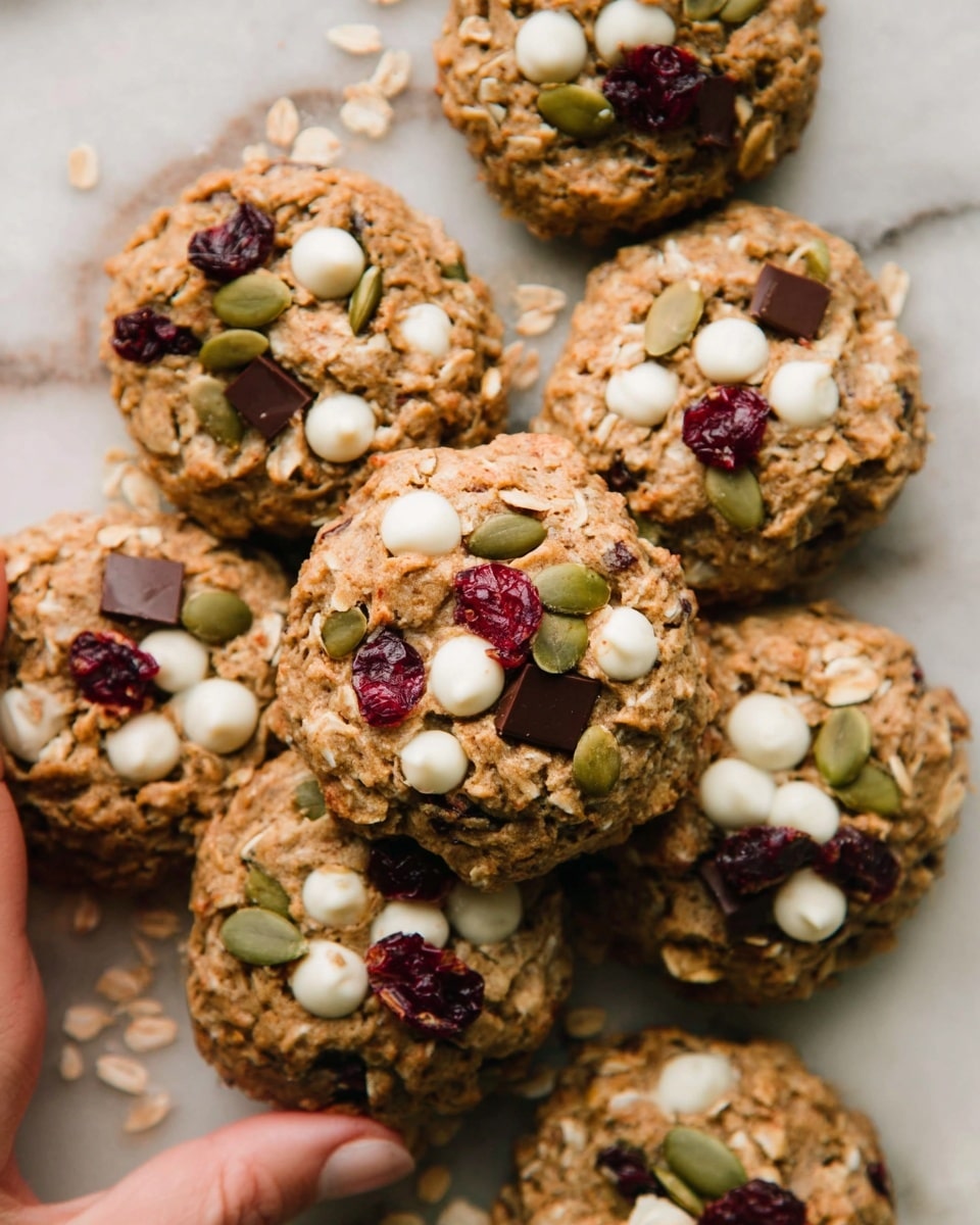 A close-up view of multiple light brown oatmeal cookies with rough texture arranged on a silver wire cooling rack over a white marbled surface. Each cookie is topped with scattered dark brown chocolate chips, white chocolate chips, green pumpkin seeds, and bits of dark red dried cranberries, creating a colorful and textured look. At the bottom right corner, part of a white ceramic cup with a dark liquid inside is visible. The photo has bright, soft natural light that highlights the cookie details. Photo taken with an iphone --ar 4:5 --v 7