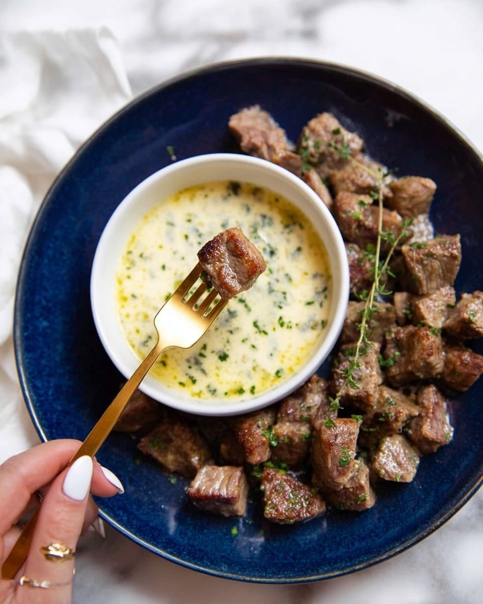 A white small bowl filled with a light yellow creamy sauce with green herb bits sits on a deep blue plate full of small brown cooked meat chunks with some green herbs sprinkled. A gold fork held by a woman's hand is dipping one piece of meat into the sauce. The whole setup is placed on a white marbled surface. photo taken with an iphone --ar 4:5 --v 7