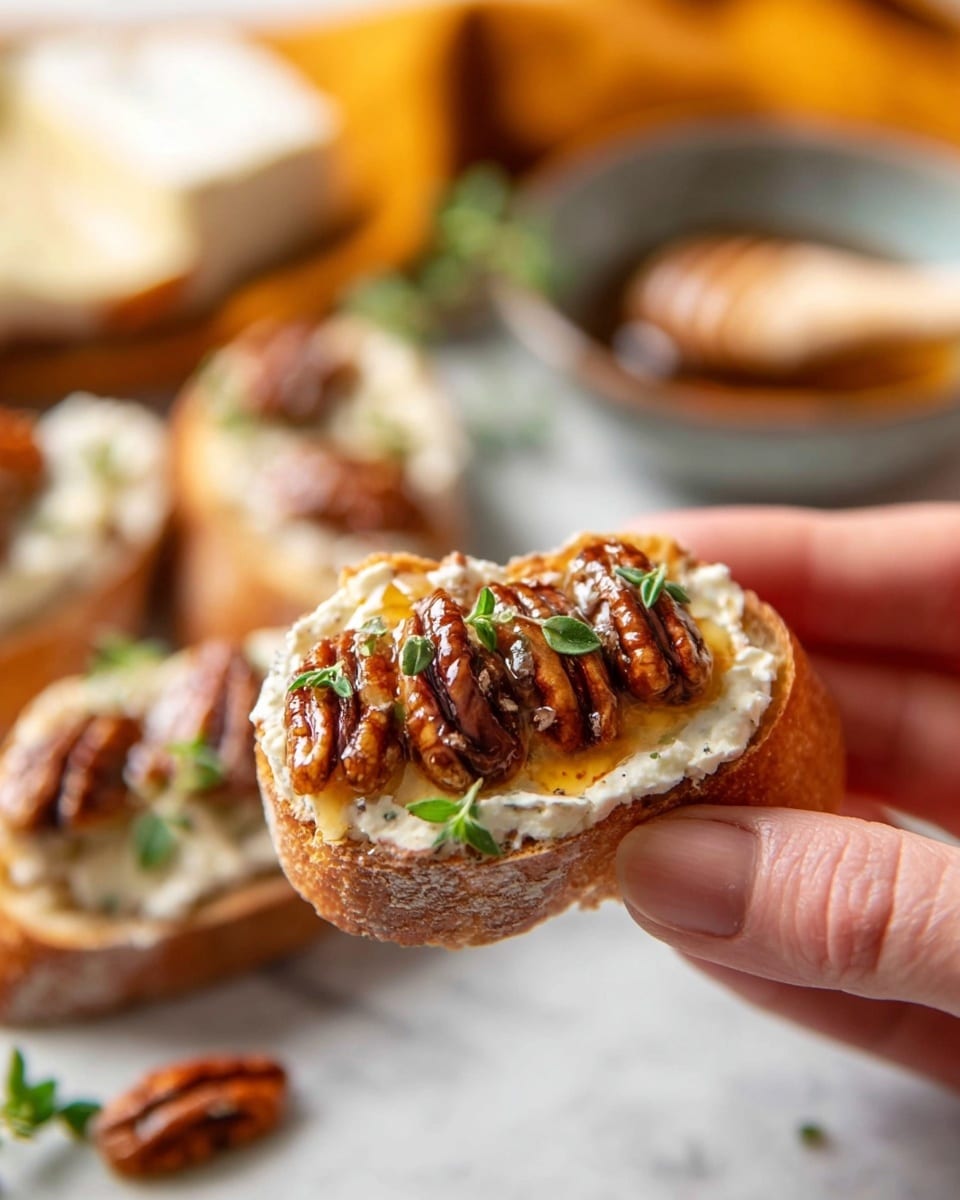 A white bowl holds a creamy pale yellow base, topped with a thick dark brown sauce that covers most of the surface. On top of the sauce, whole shiny pecans with deep brown ridges are placed generously. Small sprigs of green herbs are scattered over the sauce and nuts for a fresh touch. The bowl is set on a light gray cloth with slices of toasted light brown bread in the blurry background, all against a white marbled surface. Photo taken with an iphone --ar 4:5 --v 7