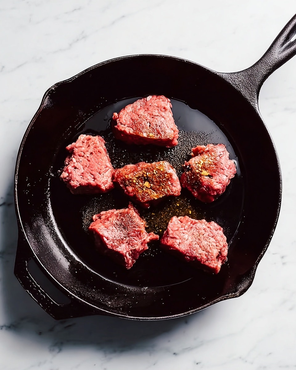 A black cast iron skillet sits on a white marbled surface, holding five unevenly shaped pinkish-red portions of raw ground meat. Some browning and seasoning, including mustard, is visible under a few pieces. The oil glistens slightly around the meat, creating a shiny black background inside the skillet. photo taken with an iphone --ar 4:5 --v 7
