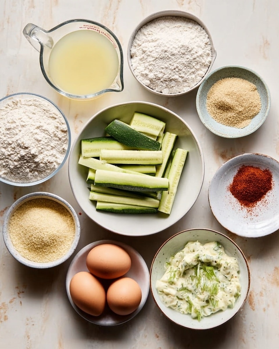 The image shows different ingredients in white bowls and small dishes arranged on a white marbled surface. In the center, there is a white bowl with chopped green zucchini sticks. To the left of it, a clear glass measuring cup is filled with a light yellow liquid. Surrounding these are bowls and dishes containing white flour, fine yellow powder, white salt crystals, black pepper, reddish powder, two brown eggs, and a creamy white sauce with some green herbs on top. The overall view is of neatly placed ingredients ready for cooking photo taken with an iphone --ar 4:5 --v 7