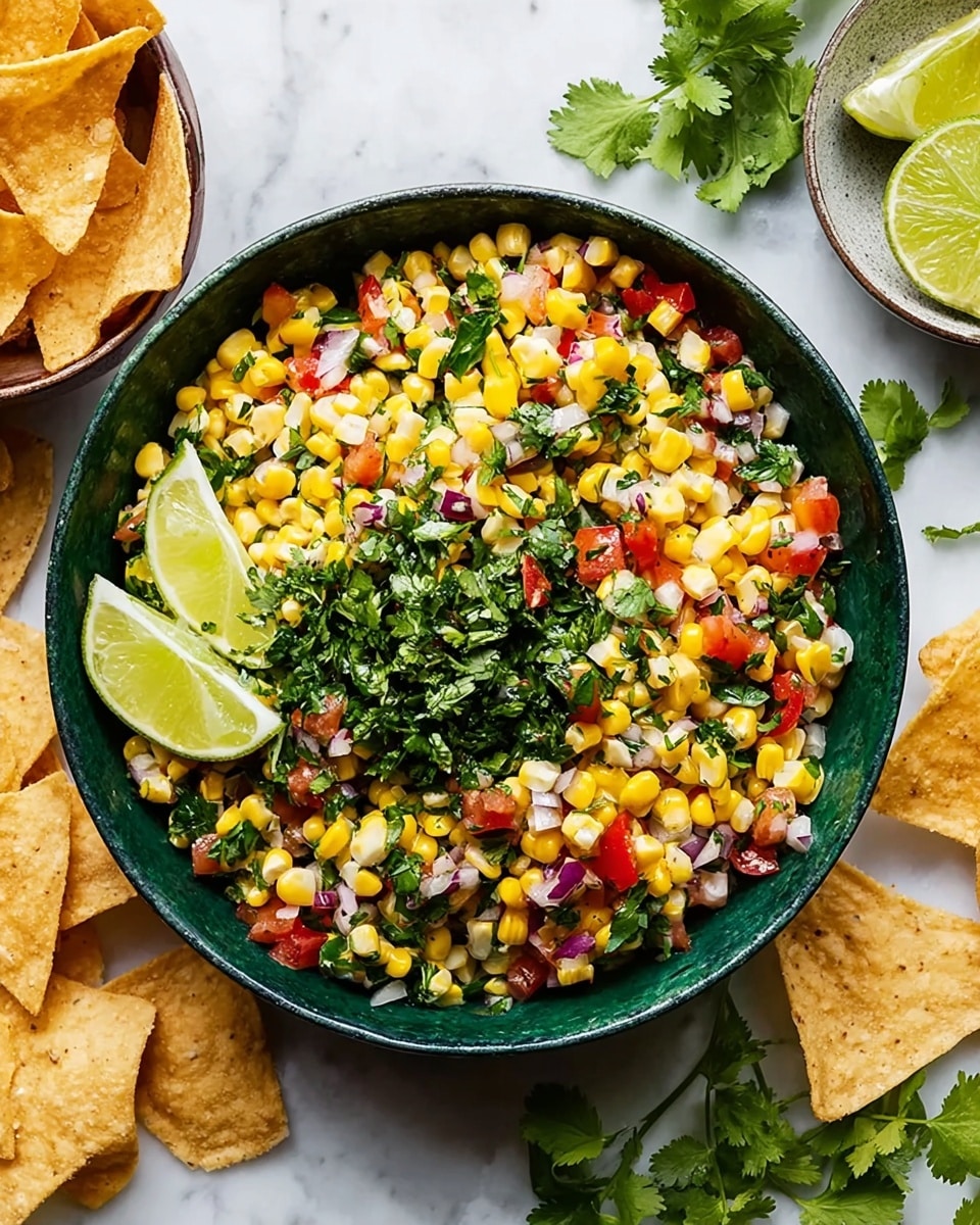 A deep green bowl filled with a colorful corn salad showing one layer of cut yellow corn kernels mixed evenly with small diced red tomatoes, purple onions, and green herbs finely scattered all over. Two lime wedges sit on the side of the bowl on a bed of fresh cilantro leaves. Two light golden crispy tortilla chips are partially inserted on the left side inside the salad. Around the bowl on a white marbled surface are broken pieces of the same tortilla chips along with small scattered green leaves and a pink plate with lime wedges and cilantro in the top left corner. Photo taken with an iphone --ar 4:5 --v 7