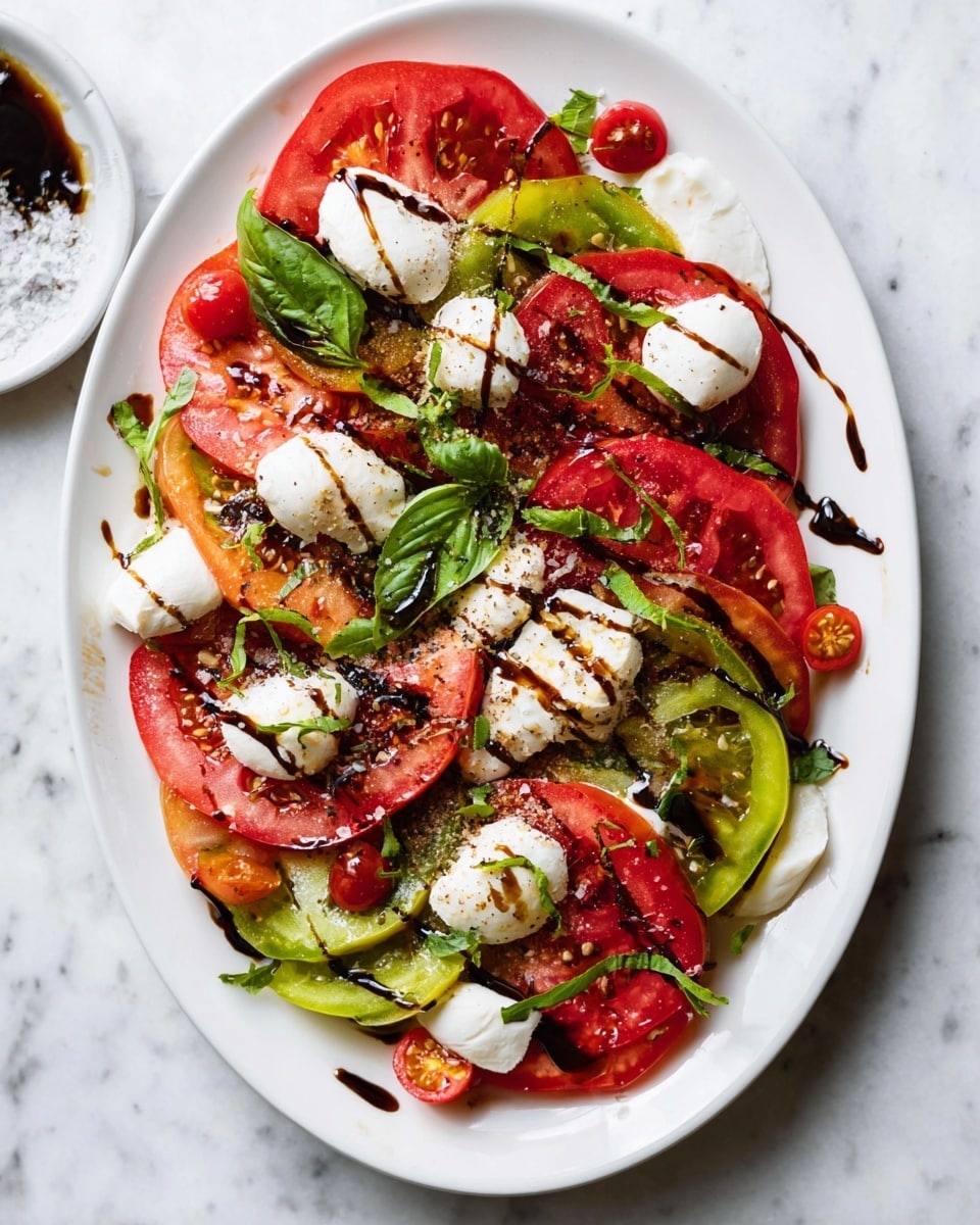 A white plate holds a colorful salad with many layers: the bottom layer has thin slices of red, green, and yellow tomatoes spread across the plate. Scattered on top are round slices of white cheese with a smooth texture, some pieces are whole while others are smaller chunks. Dark red cherry tomatoes are placed in groups over the salad. Bright green fresh basil leaves are spread around the plate, adding color and freshness. A dark brown balsamic dressing is drizzled over the top creating contrast on the tomatoes and cheese. The whole dish is set on a white marbled surface. photo taken with an iphone --ar 4:5 --v 7