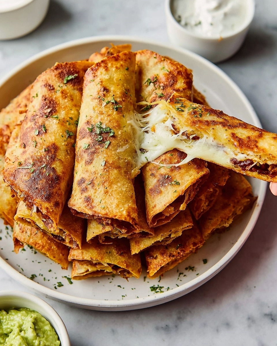 The image shows a white round plate filled with seven golden brown crispy rolled tacos stacked in layers. The tacos have a textured, slightly uneven surface with some darker toasted spots, and are sprinkled with small green herb flakes. One taco in the center is broken open, revealing melted, stringy white cheese inside. The plate sits on a white marbled surface with a small white bowl of sour cream on the upper left and another small white bowl of guacamole at the bottom left, partially visible. A woman's hand is holding the broken taco slightly lifted above the plate. Photo taken with an iphone --ar 4:5 --v 7