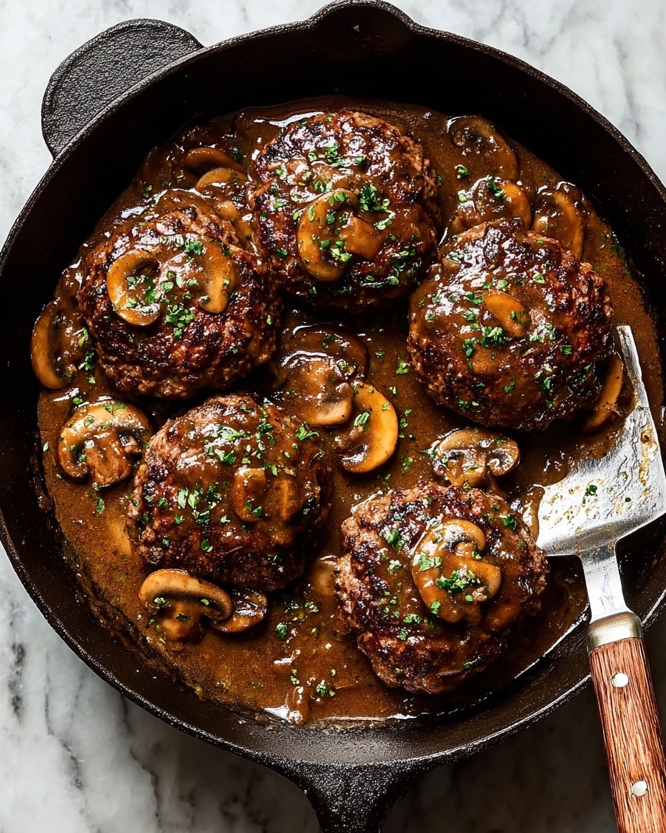 In a black cast iron pan, there are five browned patties of meat, each with a slightly crispy texture and sprinkled with chopped green herbs. They are covered with a thick brown sauce mixed with slices of light brown mushrooms. The sauce is glossy and rich, pooling around the base of each patty and spreading across the pan. A silver spatula with a wooden handle rests inside the pan, touching one patty. The background shows a white marbled surface. photo taken with an iphone --ar 4:5 --v 7