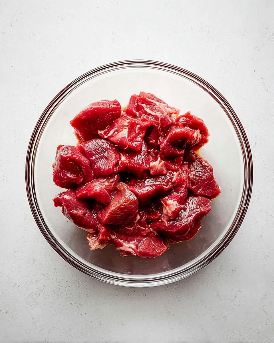 A clear glass bowl sits on a white marbled surface, filled with raw red meat pieces. The meat is shiny and slightly wet, piled loosely in the center of the bowl, showing different sizes and shapes with soft edges. The glass bowl is simple and round, making the rich red color of the meat stand out clearly. Photo taken with an iphone --ar 4:5 --v 7