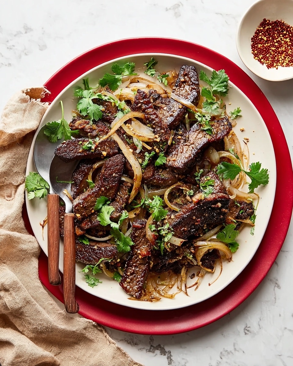The dish is served on a large white plate filled with several dark brown, grilled meat slices that have a slightly charred texture. Mixed in between the meat slices are thin, translucent, light yellow onion strips. Scattered green cilantro leaves add a fresh contrast on top of the meat. A spoon with a wooden handle rests on the left side of the plate. The plate is placed on a white marbled surface with a beige cloth draped nearby and a small white bowl with reddish-brown pepper-like seeds in the top right corner of the image. Photo taken with an iphone --ar 4:5 --v 7