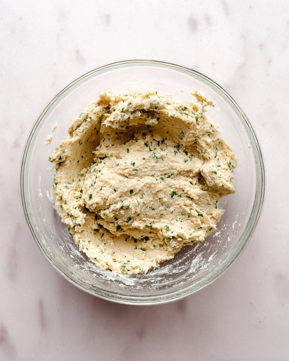 A clear glass bowl sits on a white marbled surface, filled with a thick, pale beige dough mixed evenly with small green flecks of herbs. The dough has a slightly rough texture and looks soft but firm enough to hold its shape. The bowl is medium-sized and the dough is pressed toward one side, showing smooth and rough areas. photo taken with an iphone --ar 4:5 --v 7