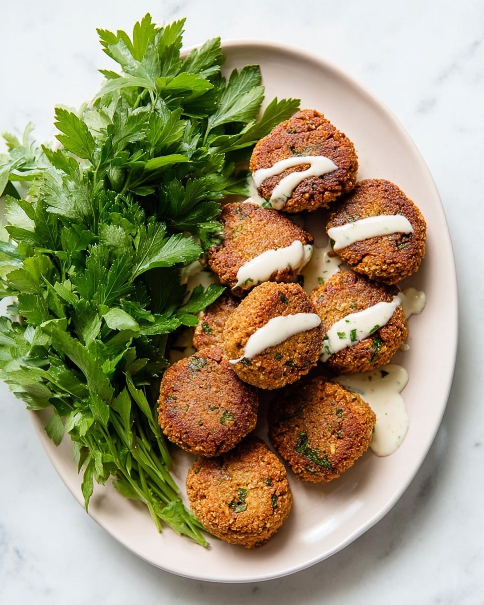 The image shows a white plate with a batch of seven round, golden brown falafel patties arranged in a loose pile. The falafel have a textured, crisp outer layer with small bits of green herbs visible throughout. A few of the falafel have thin, uneven drizzles of creamy white sauce on top, adding contrast. On the left side of the plate is a small bunch of fresh green parsley leaves piled neatly next to the falafel. The plate sits on a white marbled surface, enhancing the natural colors of the food. photo taken with an iphone --ar 4:5 --v 7